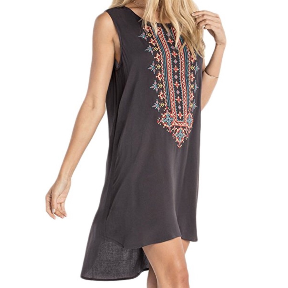 NWT MISS ME CHARCOAL BOHO EMBROIDERED TUNIC DRESS